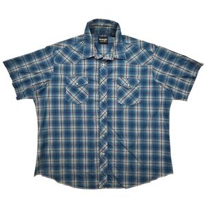 Wrangler Shirt Mens 2XL Western Plaid Pearl Snap‎ Short Sleeve Rodeo Blue